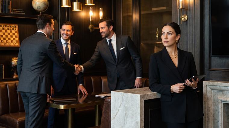Exkluzívny networkingový kruh — muži si podávajú ruky, žena zboku strategicky pozoruje